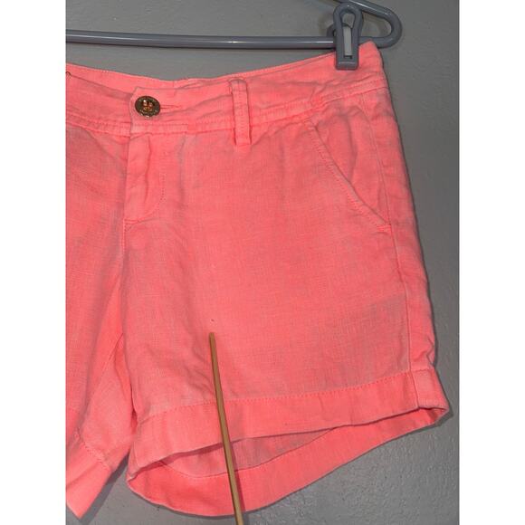 Lilly Pulitzer Linen Calla Shorts Coral Orange Pink Womens 0 Gold Button Resort - Picture 3 of 9